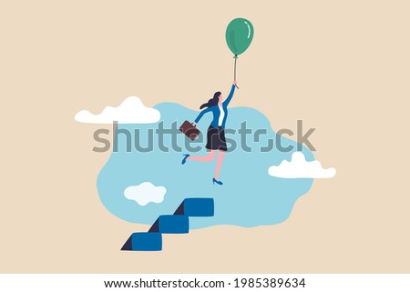 Woman leadership to overcome struggle, female power to break boundary or limitation, freedom and opportunity concept, success businesswoman flying with air balloon from top of ladder or stairway.