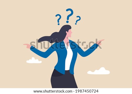 Business doubt choice, make decision on work direction, choose career path or option or alternative concept, doubtful businesswoman choosing choice and pointing her finger to left and right direction.
