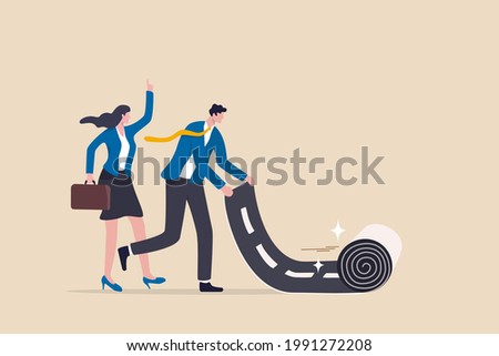Career path road to success, begin or start new job or career development, leadership to plan for business direction concept, smart businessman rolling career path road carpet for his team colleague.