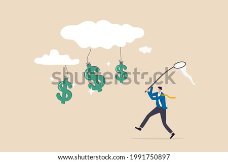 Cloud investment, new technology using cloud computing stock rising up and gain more profit in new normal economic concept, businessman investor catching dollar money sign falling from cloud.