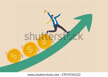 Investment profit and earning, stock market growth or fund flow depend on interest rate and inflation concept, businessman investor, fund manager holding flag lead money coins running up rising graph.