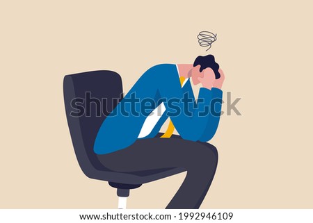 Regret on business mistake, frustration or depressed, stupidity or foolish losing all money, stressed and anxiety on failure concept, frustrated businessman holding his head sitting alone on the chair ストックフォト © 