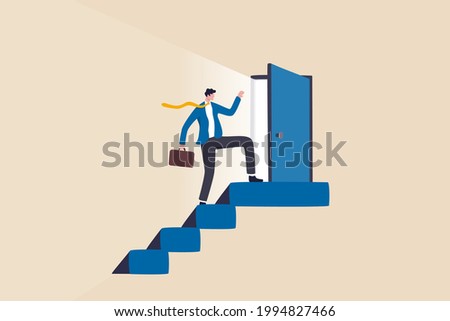 Open new opportunity door, career development or business decision for new challenge, success and achievement secret concept, businessman reaching top of stairway open bright light opportunity door.