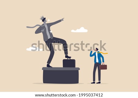 Ego, self important or self esteem, too much proud of yourself or overconfident, success or leadership history concept, businessman looking at his self success statue thinking of own Ego. 商業照片 © 