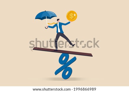 Central bank money policy for inflation or interest rate, balance between profit and loss, financial challenge or risk, economic recover concept, businessman leader balance himself on percentage sign.