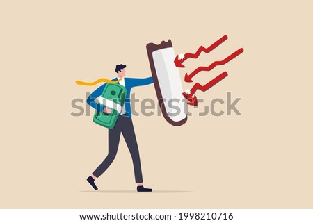 Future proof wealth management, inflation protection or protect from stock market crash, investment stock in market downturn concept, businessman investor holding shield to protect from red arrow bow.
