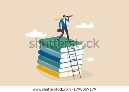 Business skills for career opportunity, knowledge or education for future job, challenge and personal improvement, reading list concept, businessman climb up ladder on books stack for good vision.