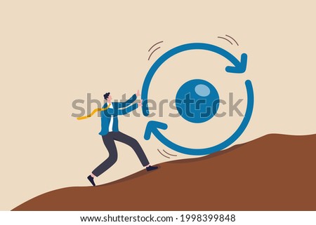 Consistency key to success, business strategy to repeatedly deliver work done, personal development or career growth concept, businessman pushing consistency circle symbol up hill with full effort.