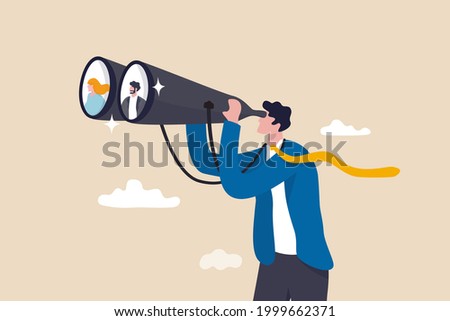 Searching for candidate, HR Human Resources find people to fill in job vacancy, finding customer or career opportunity concept, businessman HR look through binoculars to find candidate people. Foto d'archivio © 