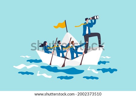 Leadership to lead business in crisis, teamwork or support to achieve target, vision or forward strategy for success concept, businessman leader with binoculars lead business team sailing origami ship Foto d'archivio © 