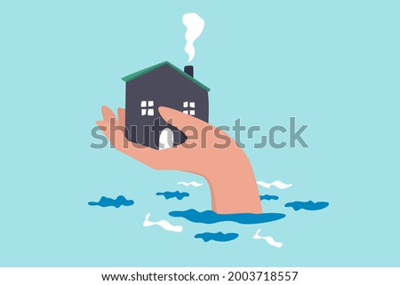 House insurance protection from disaster, safety and rescue from storm and flood, home care concept, big human hand helping house above flood water level protect from damage.