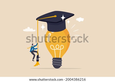 Education or academic help create business idea, skill and knowledge empower creativity concept, smart intelligence business man climb up bright light bulb idea waring mortarboard graduation cap.