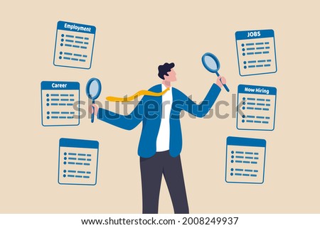 Job seeking, search for new career and opportunity, looking for employment and job vacancy concept, smart businessman using magnifying glass in both hands searching for new hiring career.