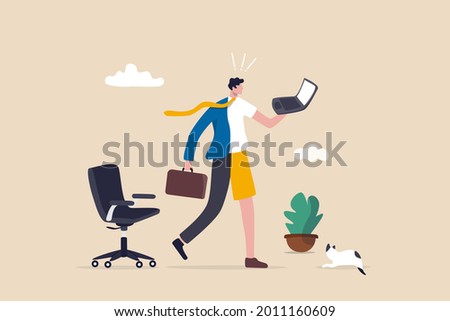 Hybrid work after covid-19 crisis, employee choice to work remotely from home or on site office for best productivity and result concept, businessman with hybrid cloth work both from home and office.