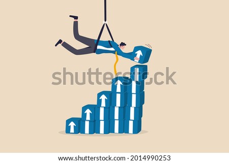 Business growth or investment profit increase, career path or skill development, effort and challenge to grow up in business concept, businessman hanging above stacking box of rising up growth arrow. ストックフォト © 