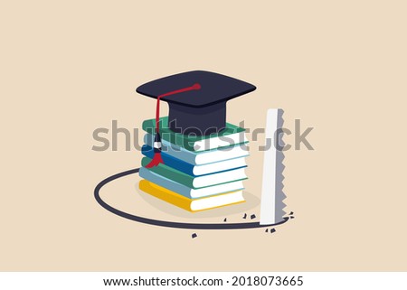 Student loan pitfall, knowledge cost and expense or big debt to pay off for education, high degree ego concept, graduation hat mortar board on book stack being saw to fall down.