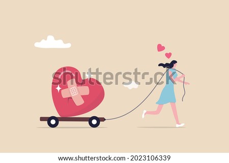 Move on or forget and forgive, open for new relationship, heal or cured from heart broken or divorce and relationship problem concept, happy woman walking with bandage repaired heart shape.