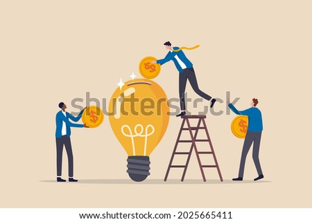 Fundraising idea, funding new innovative project, donation, investing or VC venture capital to support startup idea concept, business people donate or contribute fund raiser new lightbulb project. Foto d'archivio © 