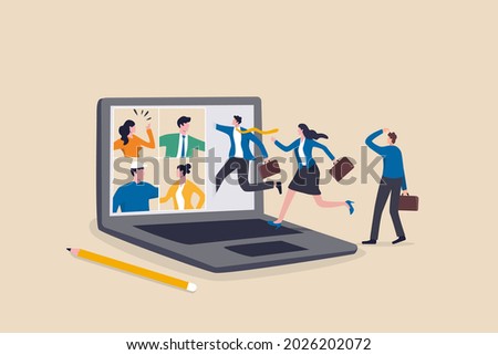 Hybrid work, remotely work from home virtually or work in office onsite, flexible for employee benefit concept, businessman and his colleague virtually get into the computer laptop conference meeting.
