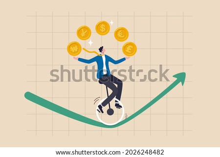 Forex, foreign exchange trading, invest in currency price or country economic speculation concept, businessman expert juggling money currency coins, dollar, euro, pound, japan yen and Korean won.