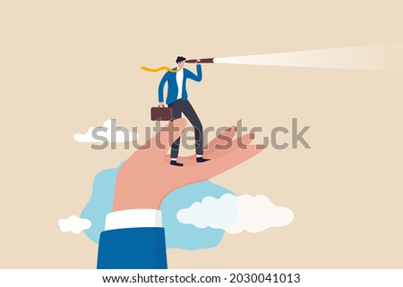 Vision to see opportunity, support or empowerment for career development, success opportunity or visionary to see journey ahead concept, businessman stand on support hand look into telescope vision.