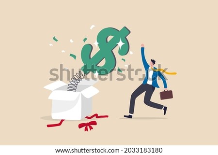 Surprise money or reward, bonus or salary raise, investment profit, dividend or high return stock, lucky giveaway or winning prize concept, happy businessman jumping high opening surprise money box.