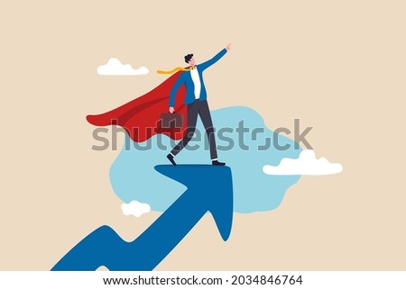 Success leader, business professional with super power, company hero who succeed in work and achieve career growth concept, confident businessman superhero with powerful red cape stand on growth arrow