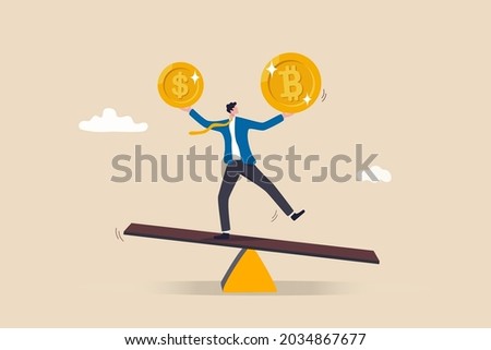 Investment portfolio with Bitcoin or crypto currency, buy or sell trading, crypto market exchange value concept, businessman investor or trader balance portfolio with dollar coin and bitcoin. Stockfoto © 