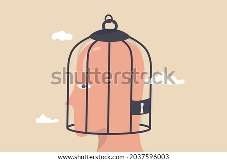 Fixed mindset, negative emotion refuse to learn anything new, fearful or mental lock, suppression or aversion disorder concept, bird cage lock over depressed fearful human brain.