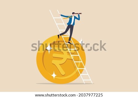 India economic or financial vision, investment and stock market forecast or business profit concept, smart businessman leader climb up ladder on Indian rupee money coin with telescope look for vision.