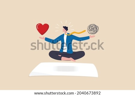 Stress management balance between work concentration and mental health, work life balance or meditation and relax, businessman meditate floating balancing messy chaos and work passion heart shape.