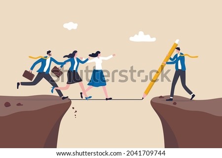 Support or help employee to progress and achieve business target, leadership solution to overcome obstacle concept, businessman manager draw line as a bridge to help team members to cross the cliff.