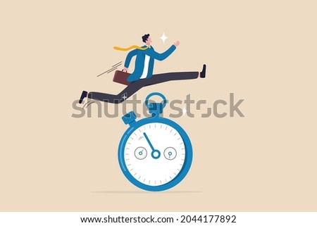 Sense of urgency, quick response attitude to get work done as soon as possible now, reaction to priority task or important concept, fast businessman running and jump high over countdown timer clock.