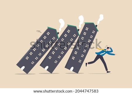 Real estate or property debt crisis causing domino effect, housing and stock market or investment asset fall down concept, panic businessman investor run away from collapsing housing domino.