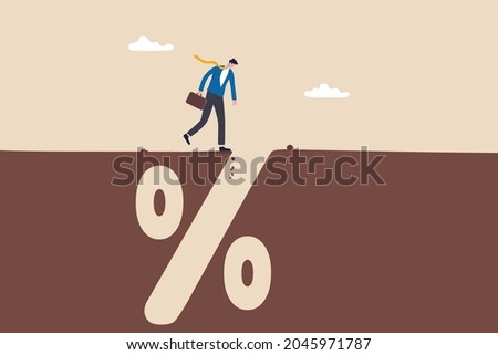 Financial pitfall, mistake or failure, mortgage, loan or debt trap or risk management, investment profit and loss concept, careful businessman looking into deep hole of banking percentage sign pit.