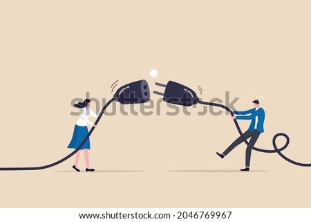 Disconnected business, broken communication, 404 or disconnect from social media distraction or monitor screen, young man and young adult woman pull electric socket plug to disconnect from internet.