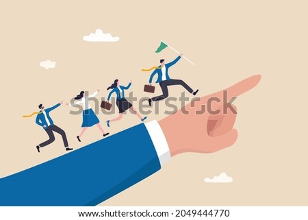 Leadership to lead team members, business direction to achieve goal or target, teamwork to success in work, businessman leader holding winner flag running lead business people on pointing finger.
