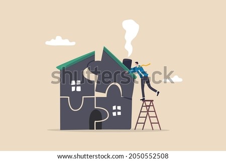 Plan to buying new house or renovation, mortgage loan or housing expense, property maintenance or real estate insurance concept, smart businessman put jigsaw to complete or finishing house puzzle.