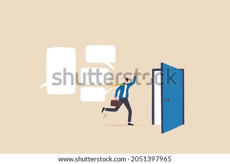 Exit interview, employee feedback before leaving or resignation, staff suggestion to HR human resources concept, resigned businessman employee about to leave the door with interview conversation.