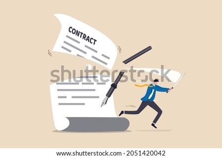 Contract cancellation or agreement terminated, partnership breaking signed business deal, code of conduct mistake concept, confident businessman using sword to cut agreement contract document apart.