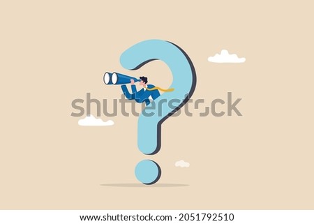 Curiosity explore unknown, search for solution or new business opportunity, seek for success concept, curios businessman with huge question mark look through binoculars to search for new business idea Сток-фото © 