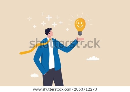 Positive thinking, optimistic mindset or good attitude to success in work, always get idea to solve any problems concept, happy businessman holding smiling lightbulb idea with positive vibes around.