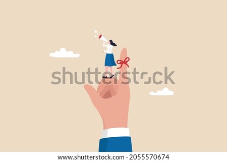 Finger string reminder, don't forget to remember, assistance or secretary to remind important event concept, businesswoman assistance tie red string on boss finger and use megaphone to remind him.
