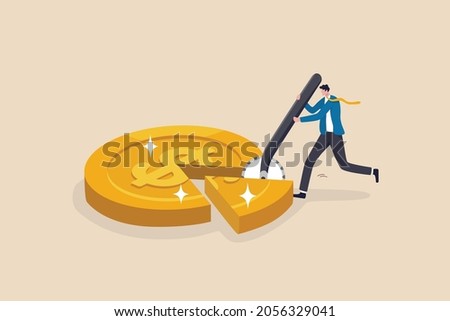 Money management, financial planning or wealth management or investment portfolio, paying for tax, loan or debt, inflation concept, businessman using pizza cutter to split golden dollar money coin.