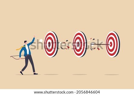 Completed multiple tasks with single action, business advantage or efficiency to success and achieve many targets with small effort, smart businessman archery hit multiple bullseye with single arrow.