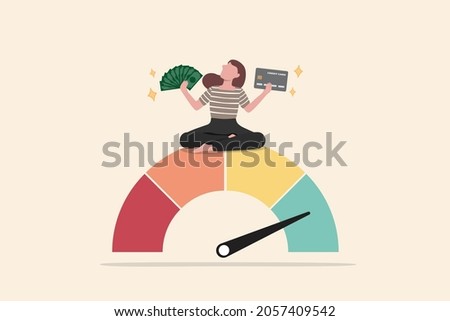 Good credit score for credit card spending with sufficient cash to pay debt create excellent personal financial plan, happy woman hold banknote and credit card sit above credit gauge at good rating. Photo stock © 
