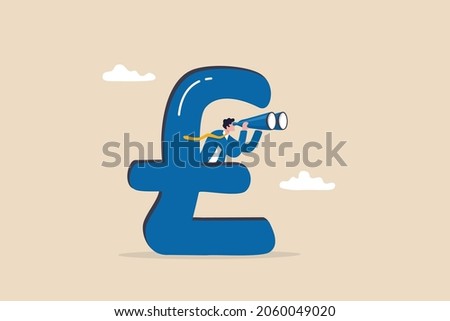 UK, United Kingdom economy forecast, financial or business visionary, England investment profit opportunity concept, businessman hiding behind large UK currency pound using binoculars to see future.