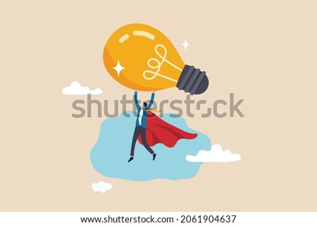 Big idea to boost business success, super power or creativity to win business competition, innovation or imagination concept, genius businessman superhero flying while carrying big light bulb idea.