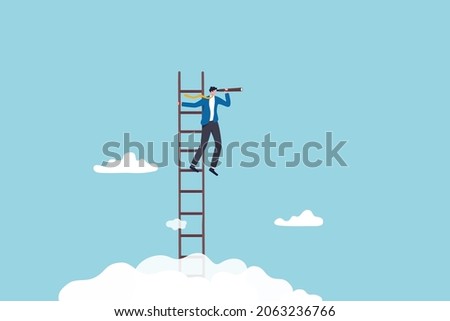 Success ladder for business opportunity, looking for new job or career path, leadership discovery or searching for success concept, smart businessman climb up ladder look through telescope visionary.