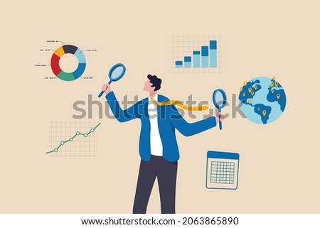 Business analysis, calculate or research for market growth, financial report, investment data or sale information concept, smart businessman analyst holding magnifying glass analyze graph and chart. Сток-фото © 